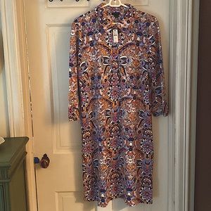 Talbots dress, 3/4 length sleeves, nylon-spandex, machine-washable, multi-season
